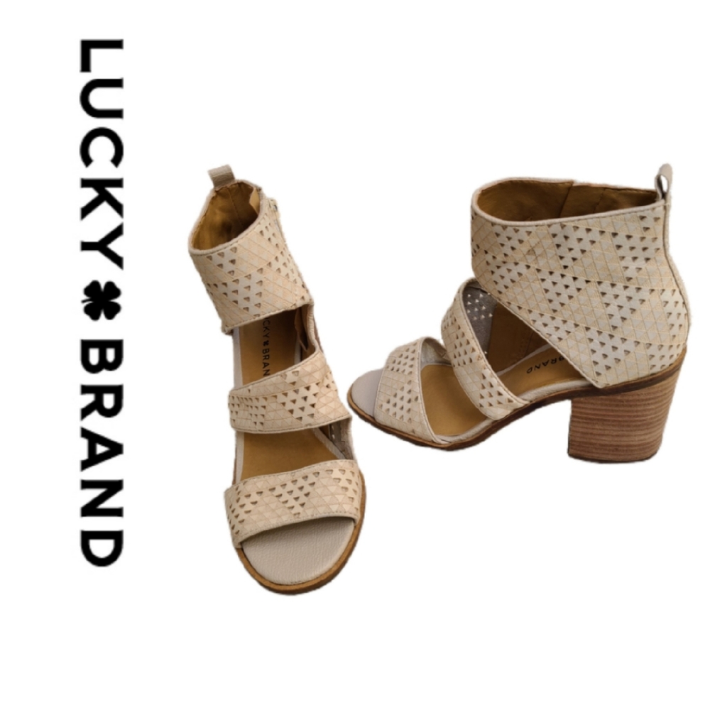 LUCKY BRAND KABOTT PERFORATED BLOCK ANKLE HEELS - Picture 1 of 8